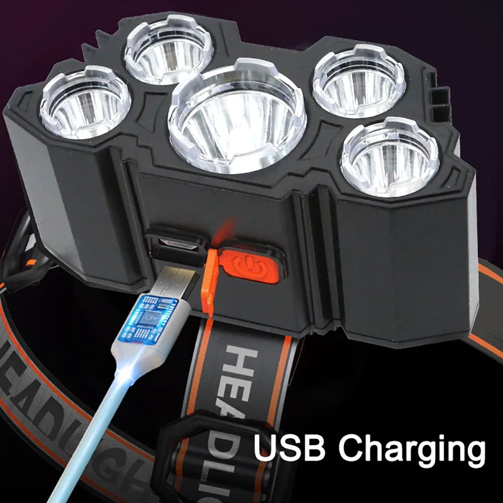 5 LED Flashlight Rechargeable with Built in 18650 Battery Strong Light