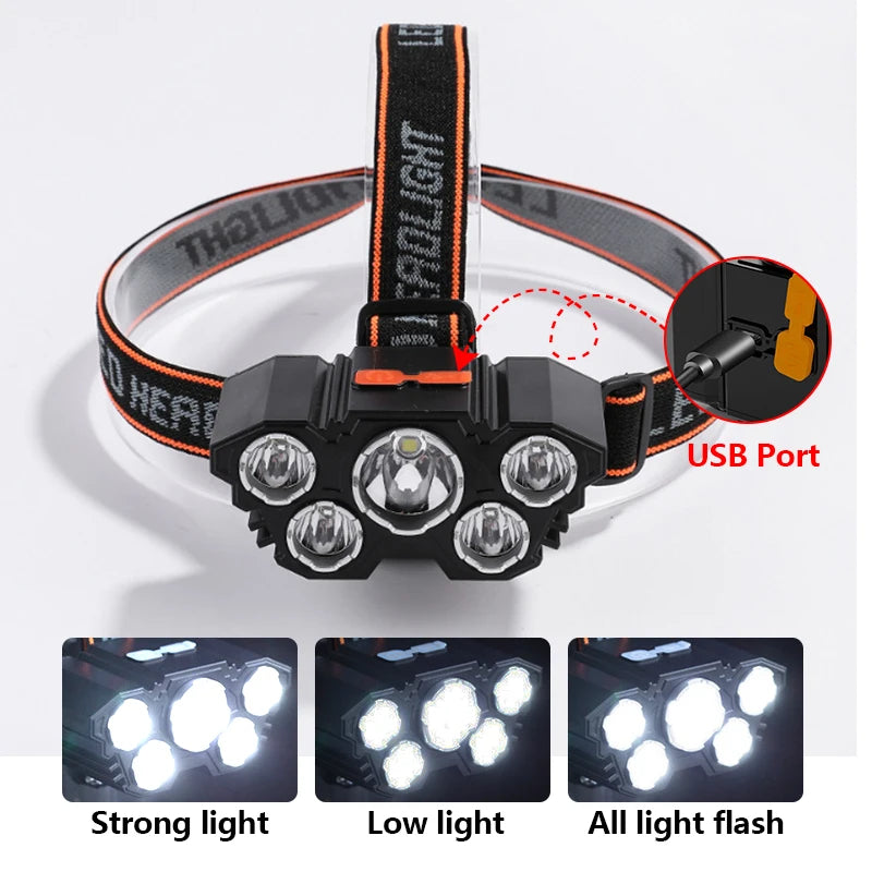 5 LED Flashlight Rechargeable with Built in 18650 Battery Strong Light
