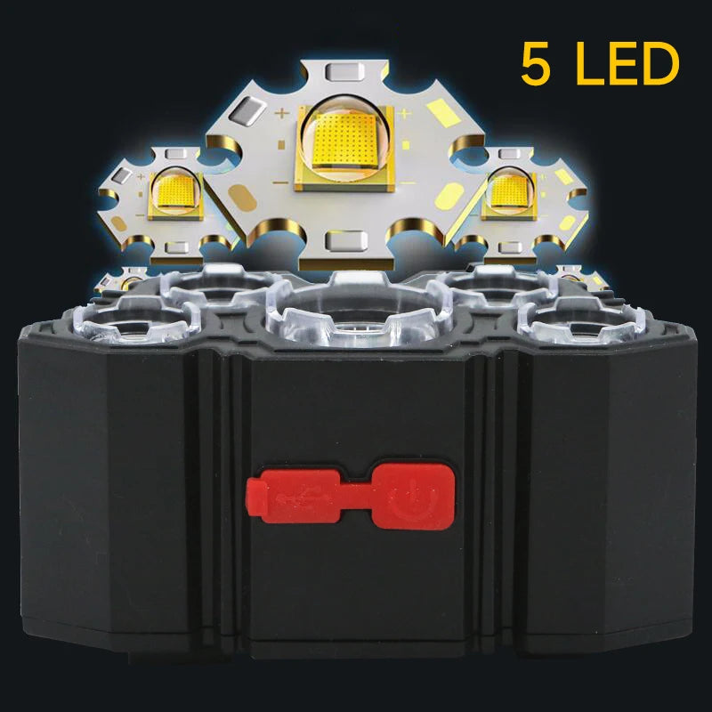 5 LED Flashlight Rechargeable with Built in 18650 Battery Strong Light