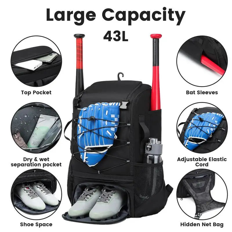 Large Capacity Baseball Softball Bag Hold Helmet 2 Tees Ball Bats Batting Glove Gear