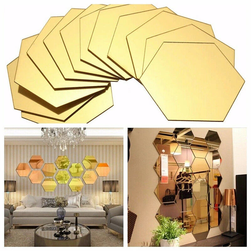 12Pcs Hexagon Mirror Sticker Gold Self