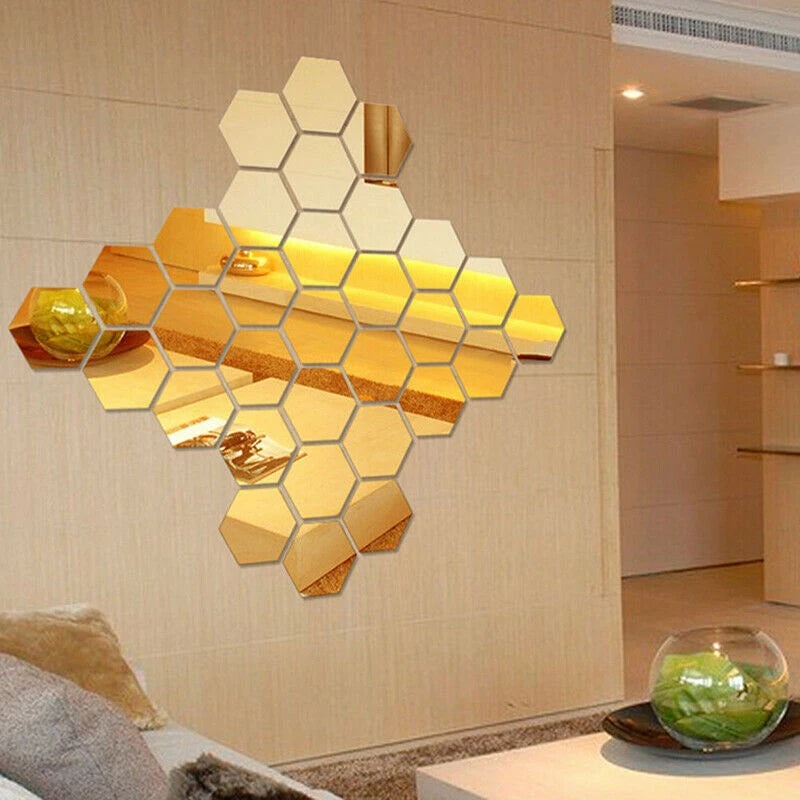 12Pcs Hexagon Mirror Sticker Gold Self