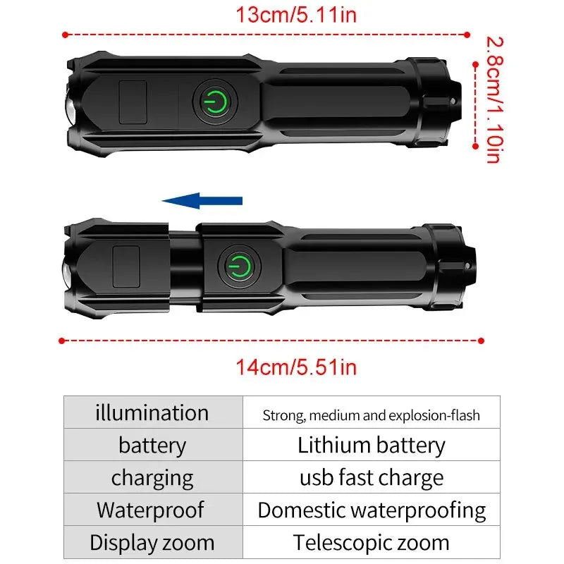 Powerful LED Flashlight Rechargeable USB 18650 Waterproof